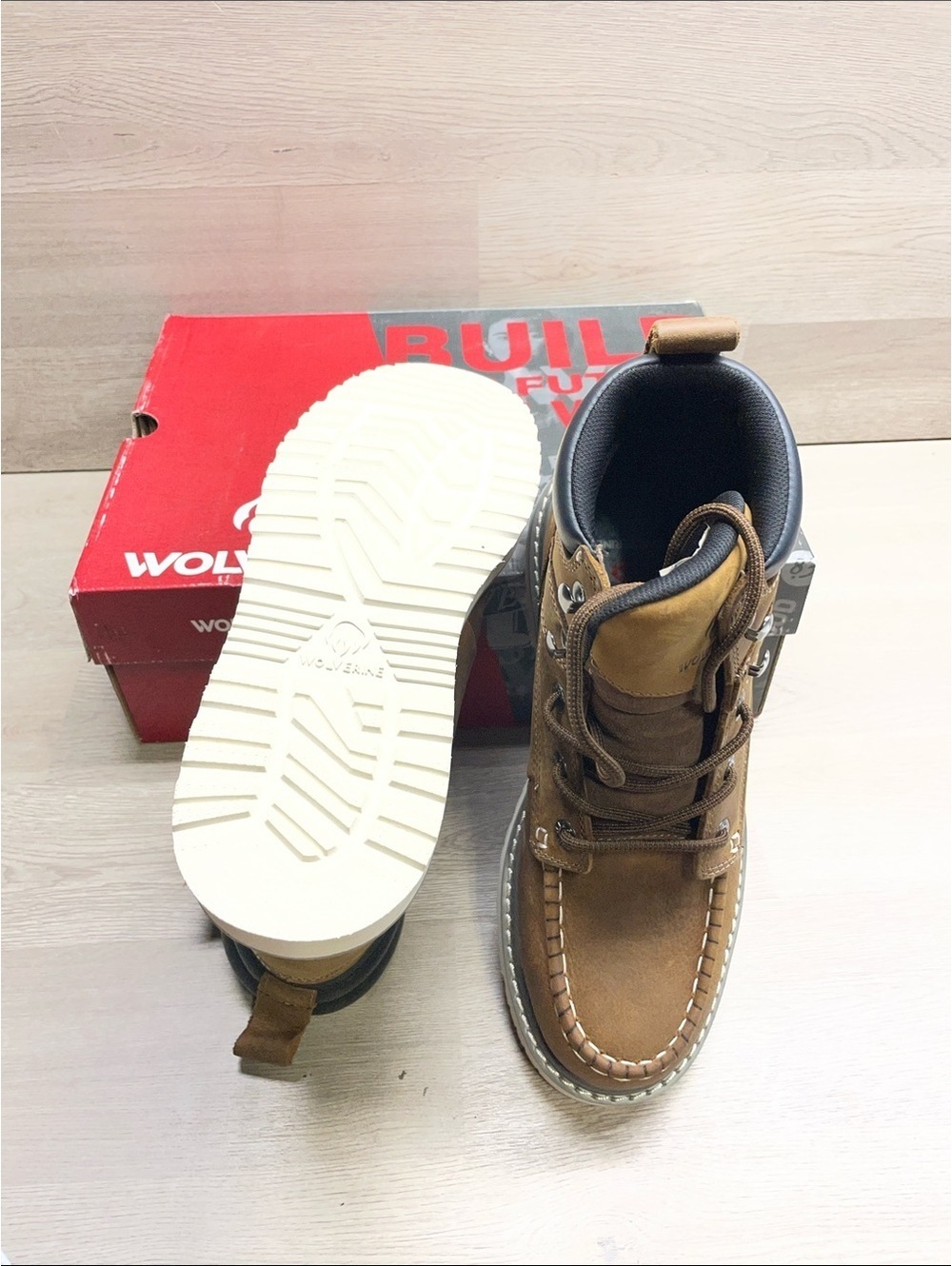 Wolverine Brown Men's Moc Toe Work Boots with White Sole